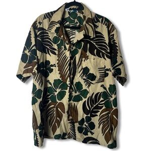 ten2one Hawaiian Men Camo Tropical Hibiscus Monstera Aloha Camp Shirt Tan Sz. XL